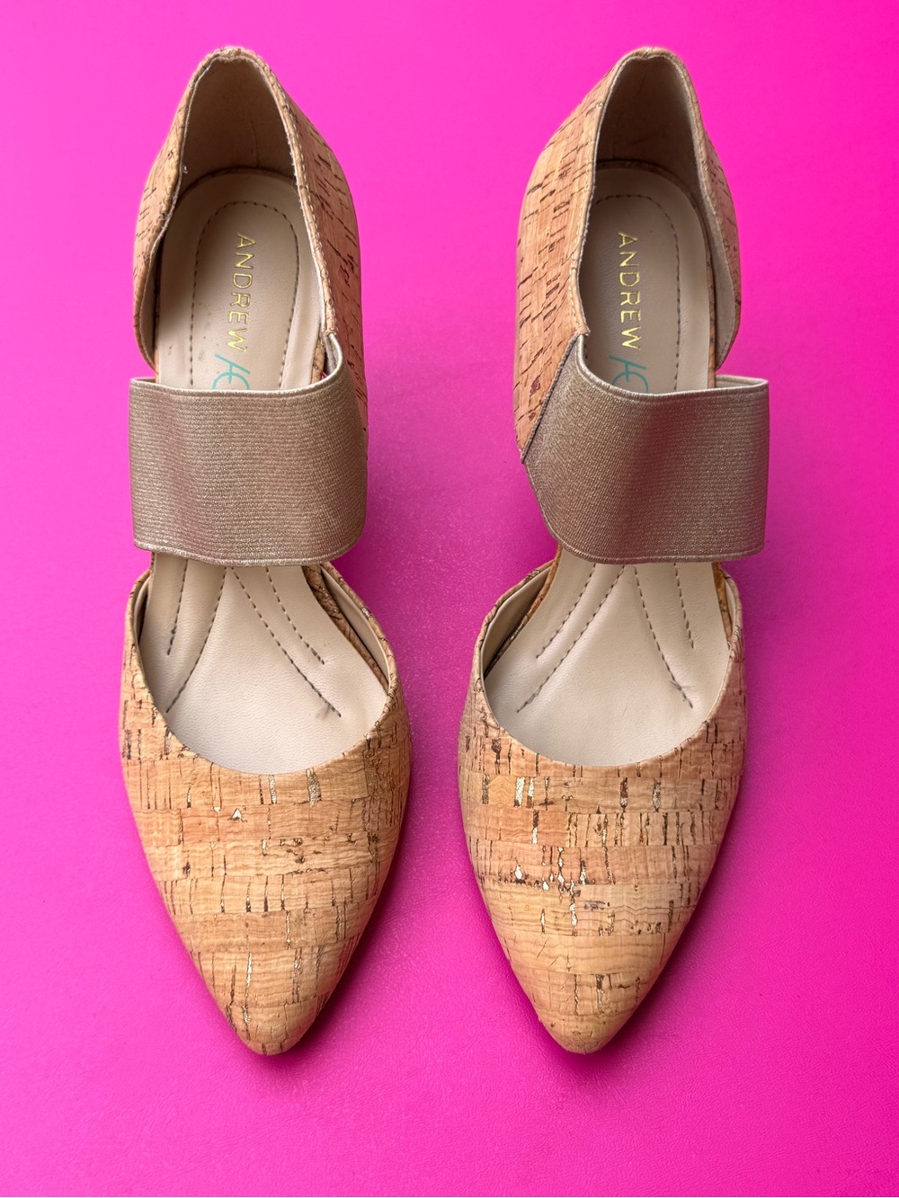 Andrew Geller Maresa Cork Elastic Pumps Heels Gold Metallic Cross Strap 6.5 EUC